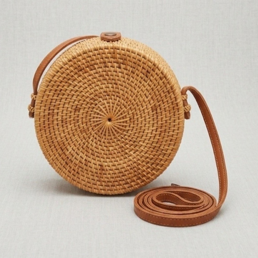 Hand Woven Round Rattan Ata Crossbody Bag Made in Indonesia Natural Brown BOHO